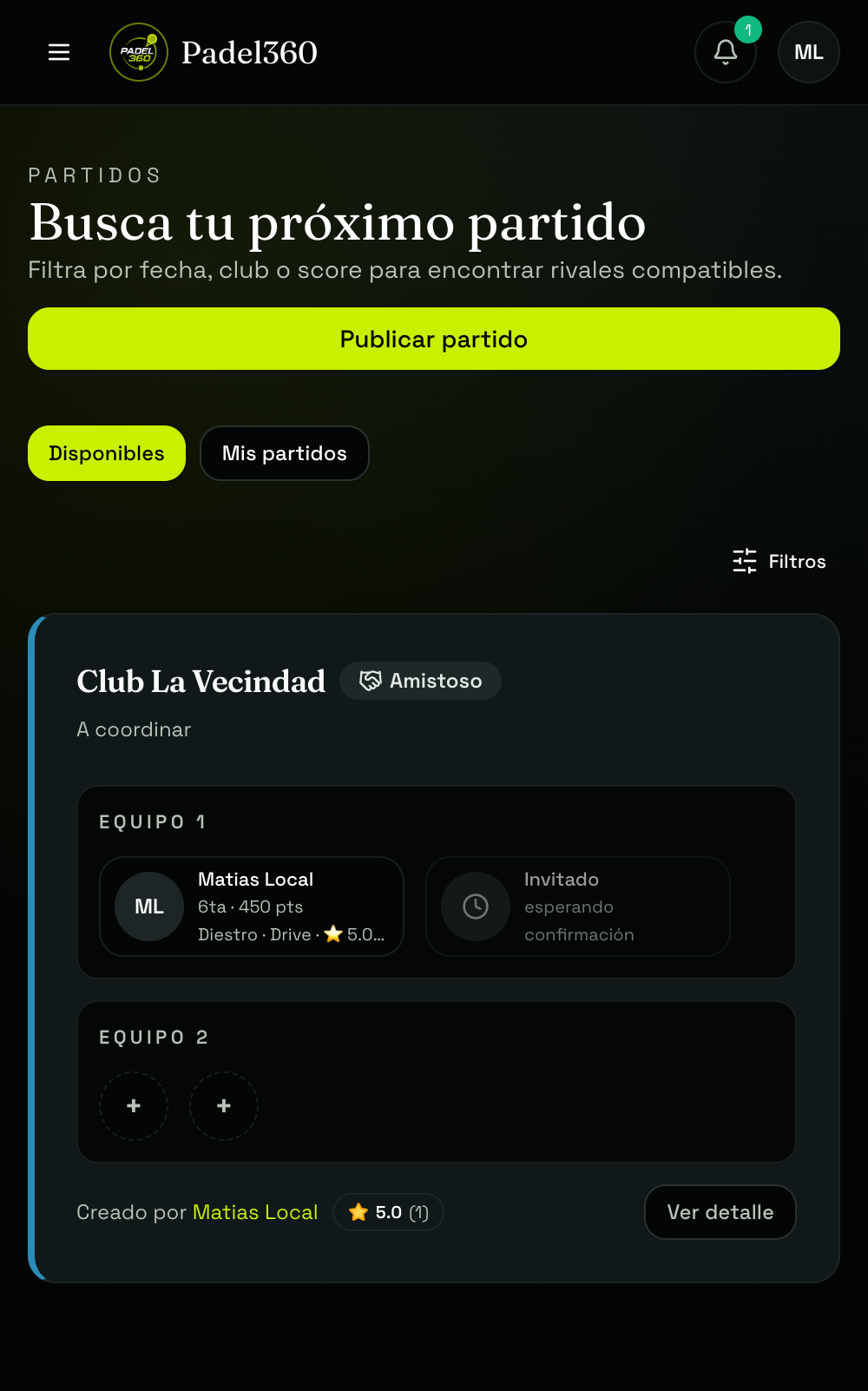 La app de Padel360 mostrando partidos disponibles